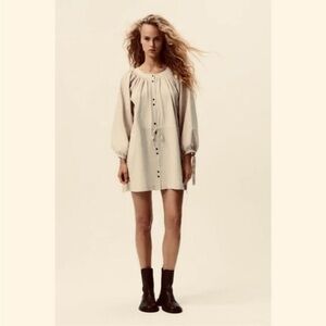 Zara Sz L Button Up Mini Shirt Dress with Balloon Sleeves